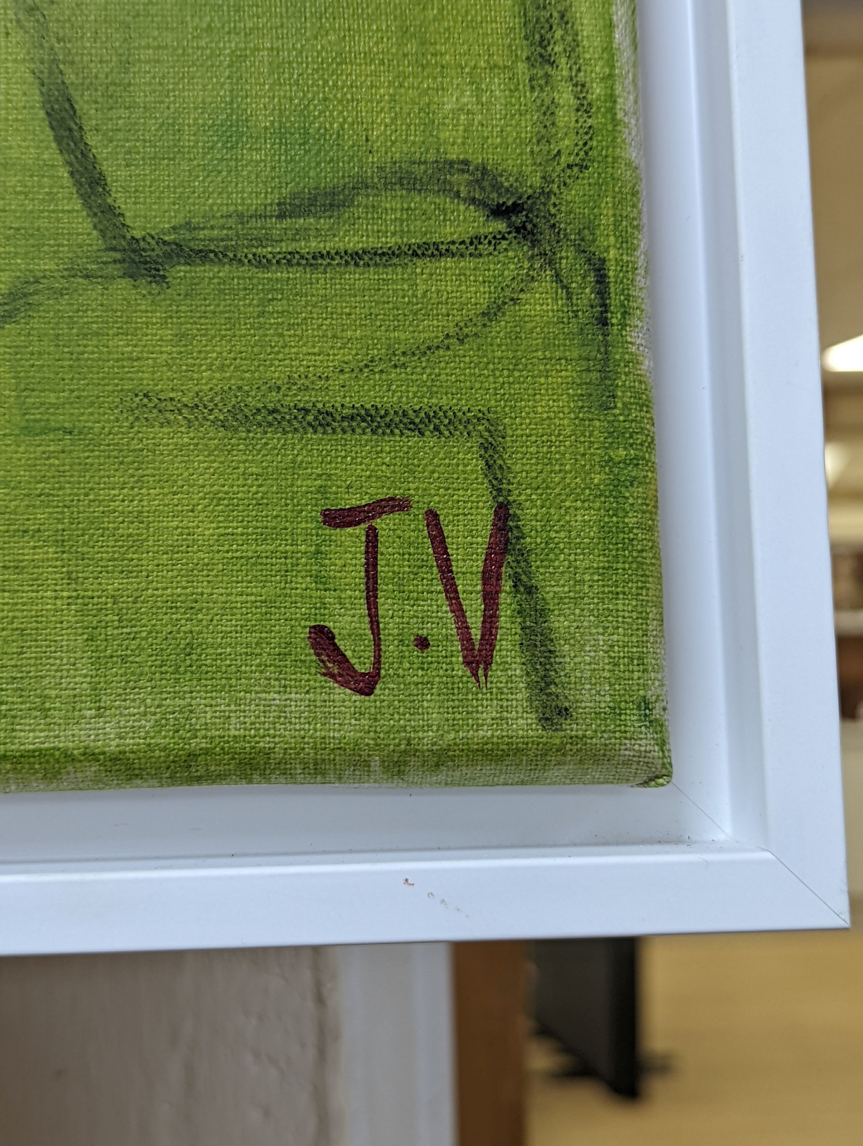 Jo Volten, acrylic on canvas, Blue vase on green with summer flowers, initialled and dated 2020, 60 x 60cm